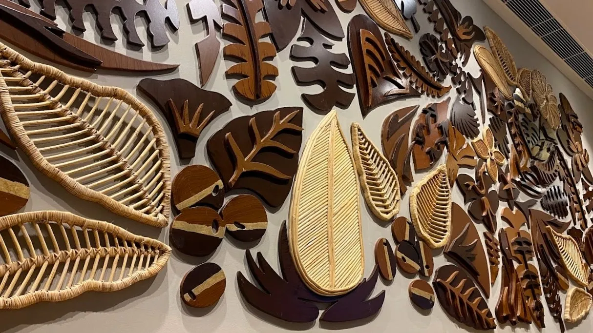 Detail of the woven cane and carved wood leaf forms at Starbucks HiLITE Mall, Kozhikode